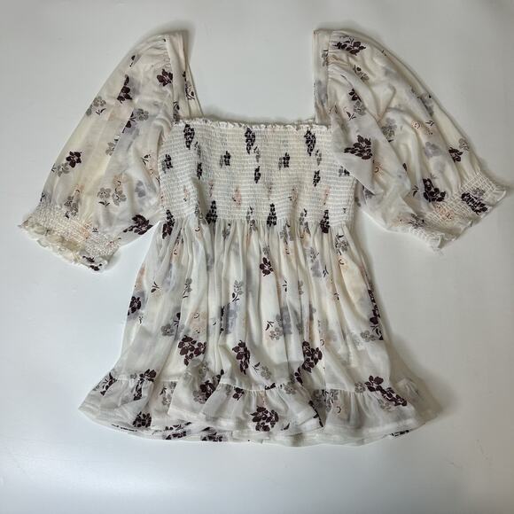 Free People Delta Dawn Floral Mesh Smocked Top Size XS Square Neck - Picture 1 of 7